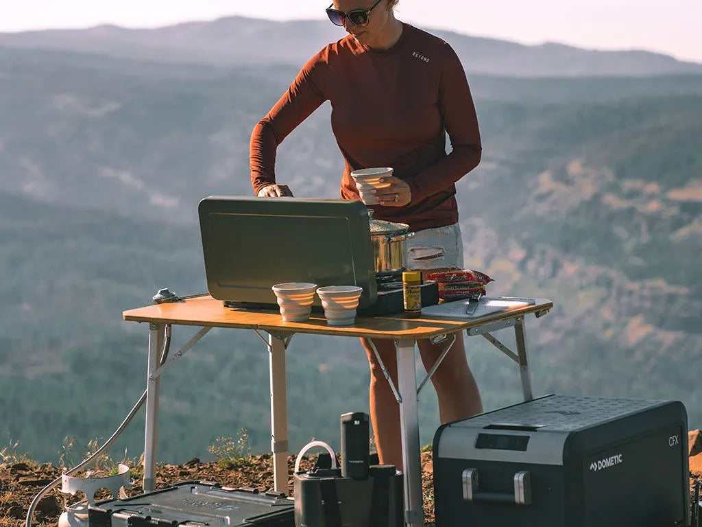 Dometic Go Compact Camp Table / Bamboo Top Camping Table With Adjustable height legs fold away
